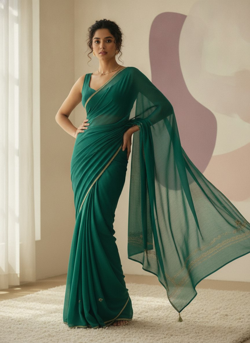 A finished Drape try-on look — emerald saree